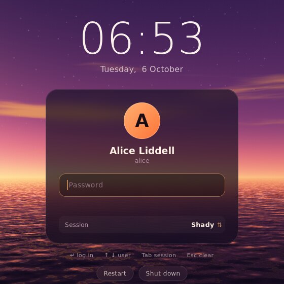 The Gloam login screen: a clock and a frosted login card over a purple sunset sea