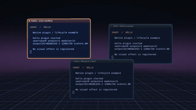Shady headless capture of hello: Lifecycle example with actual plugin logs; no visual effect