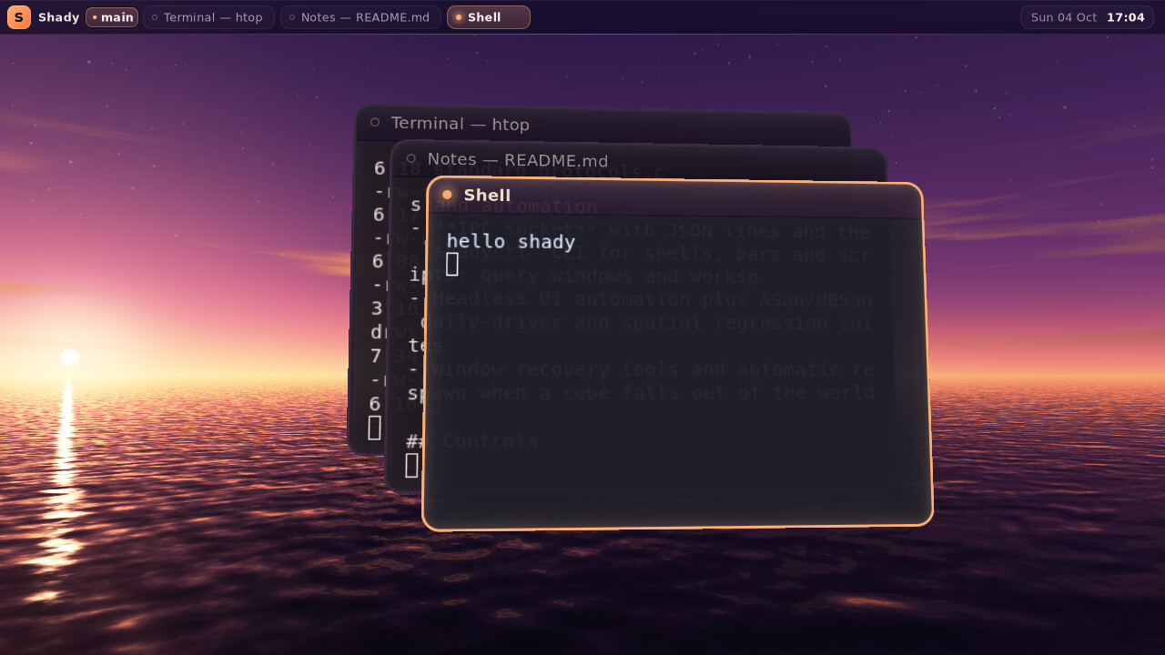 Afterglow: rounded glass windows above a sunset sea with a glitter path