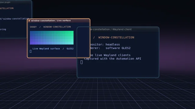 Shady headless capture of window-constellation: Windows orbiting a focused anchor